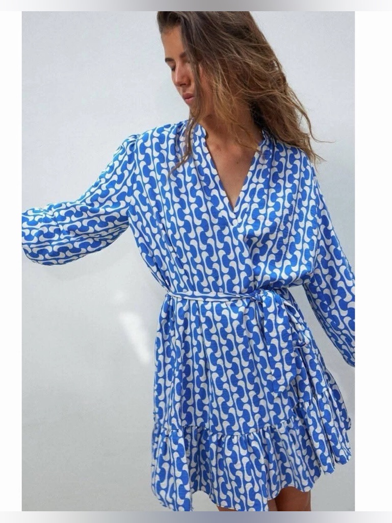 Zara Blue & White Printed Dress With Tie Waist Greek European Summer Style